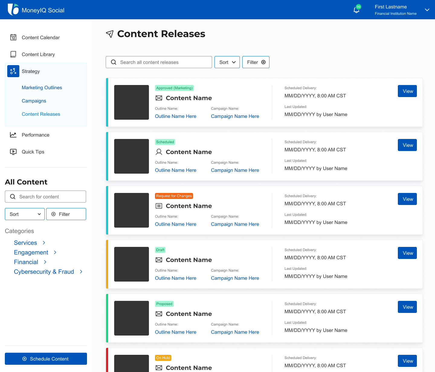 MoneyiQ; Content Releases Page Mockup
