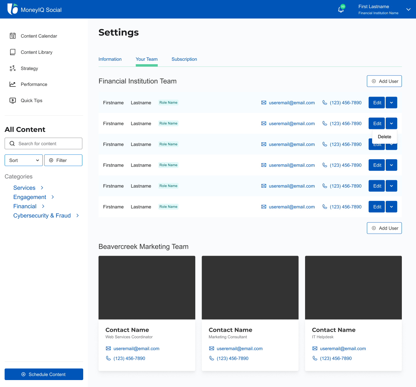 MoneyiQ; Your Team Settings Page Mockup
